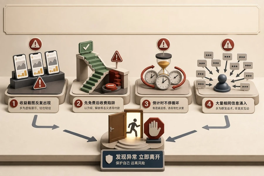 刷单骗局4个骗术步骤:① 收益截图反复出现 ② 先免费后收费陷阱 ③ 倒计时不停循环 ④ 大量相同信息涌入